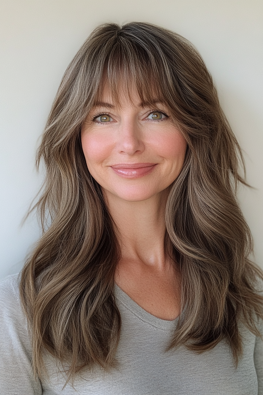19. Long Shag with Natural Brown Tones (Hairstyles For Women Over 50 With Bangs) - Hairstyles For Women Over 50 With Bangs