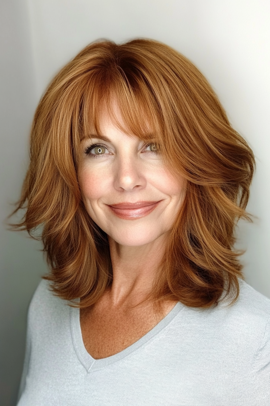 21. Voluminous Blowout with Warm Chestnut Layers (Hairstyles For Women Over 50 With Bangs) - Hairstyles For Women Over 50 With Bangs