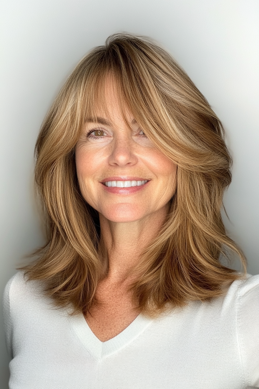 22. Mid-Length Shag with Subtle Cinnamon Lowlights (Hairstyles For Women Over 50 With Bangs) - Hairstyles For Women Over 50 With Bangs