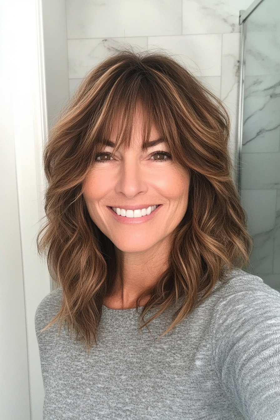 24. Choppy Shoulder-Length Cut with Soft Caramel Accents (Hairstyles For Women Over 50 With Bangs) - Hairstyles For Women Over 50 With Bangs