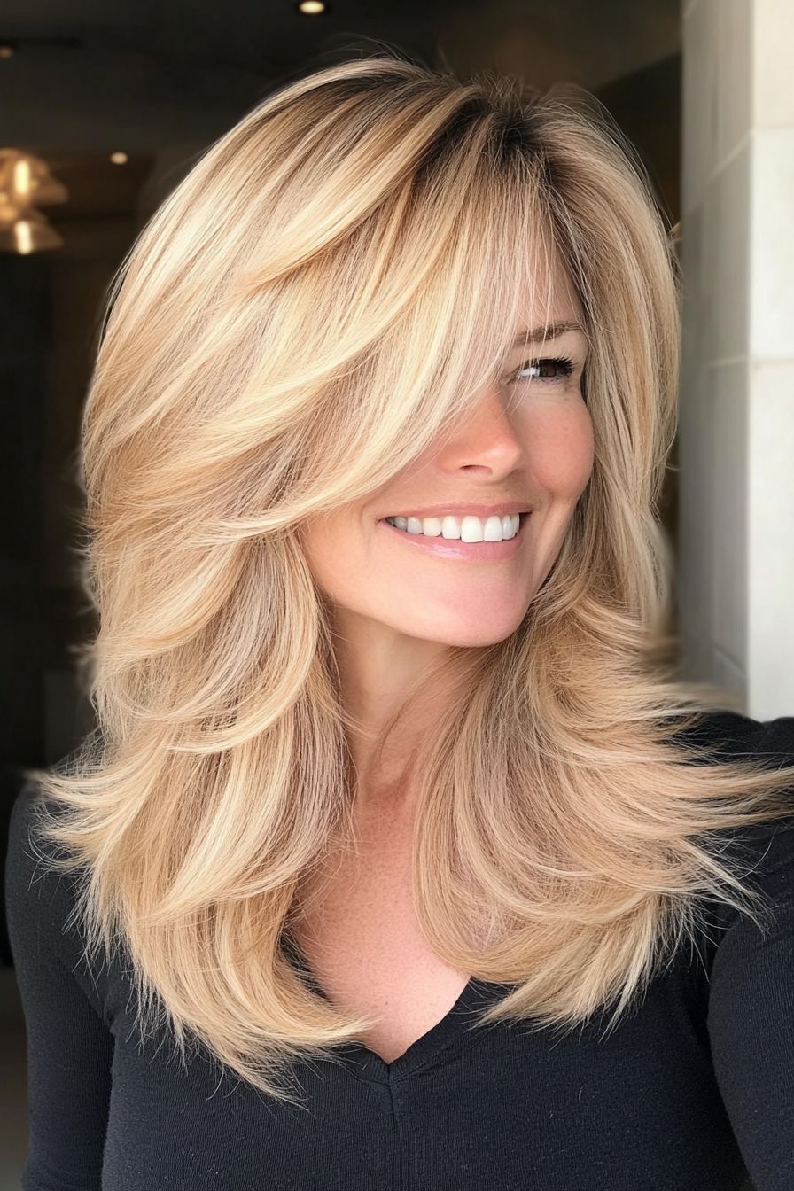 27. Layered Lob with Beige Blonde Highlights (Hairstyles For Women Over 50 With Bangs) - Hairstyles For Women Over 50 With Bangs