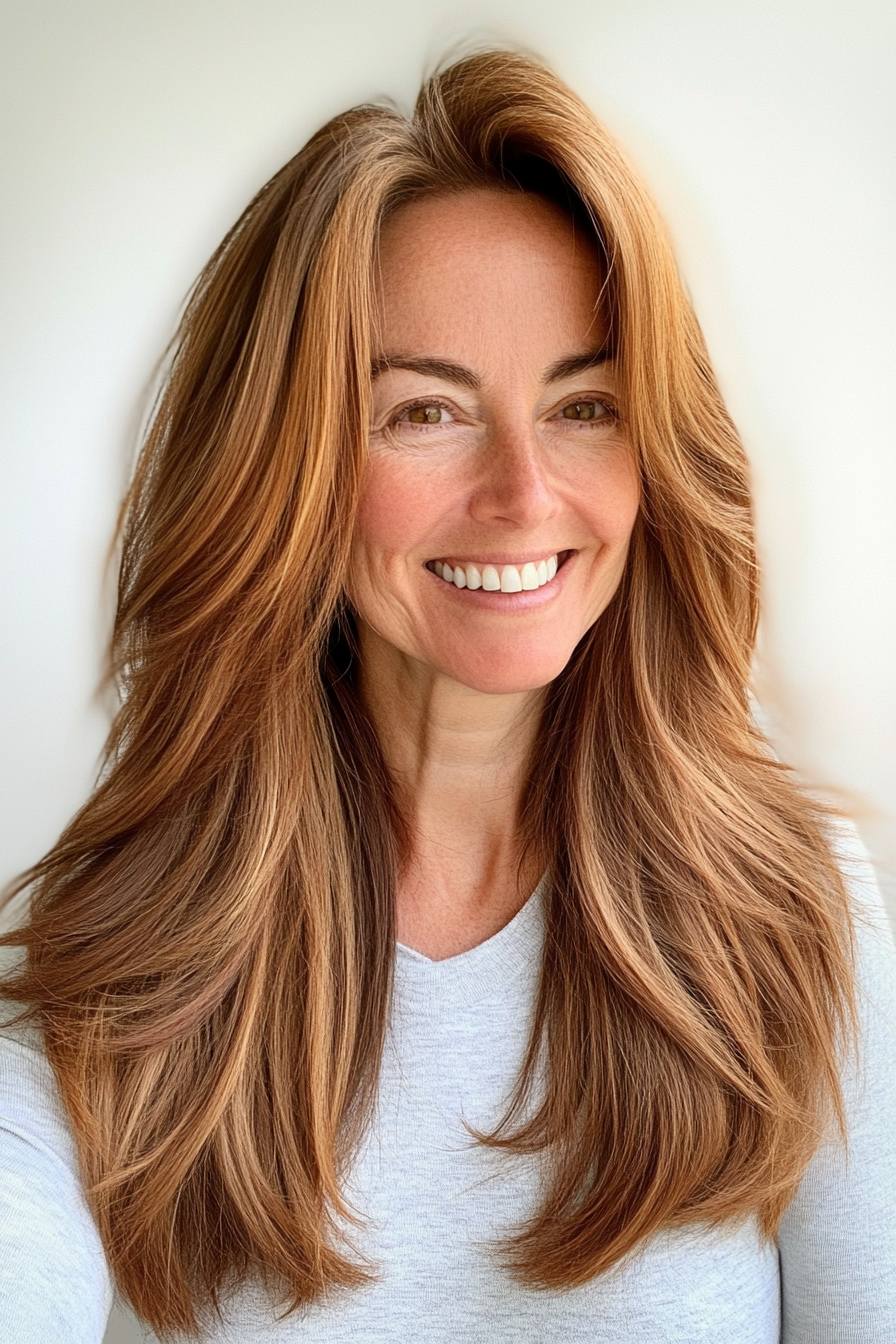 1. Chestnut Layered Cascade (Long Hairstyles For Women Over 50) - Long Hairstyles For Women Over 50