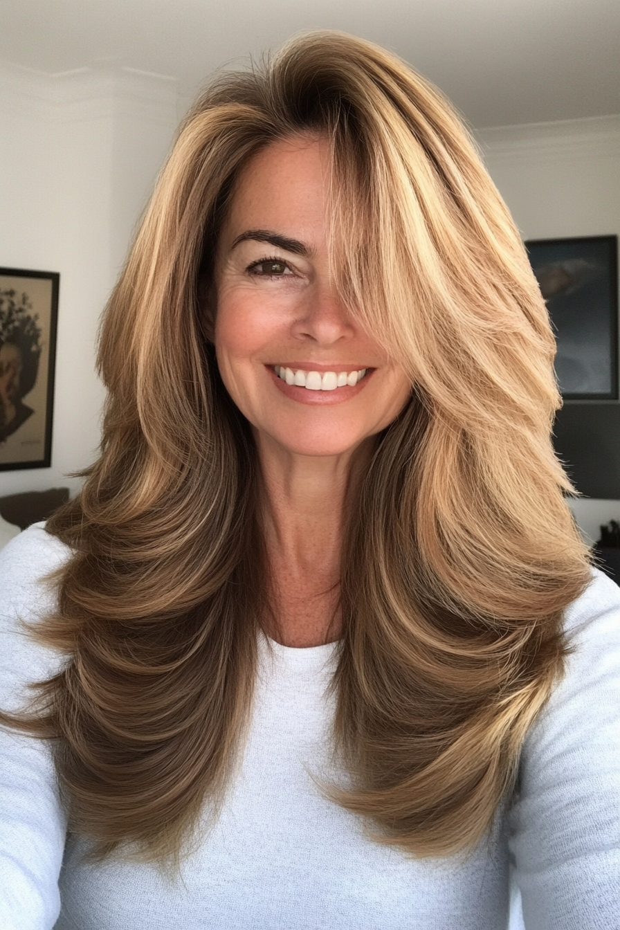 4. Golden Brown Feathered Ends (Long Hairstyles For Women Over 50) - Long Hairstyles For Women Over 50