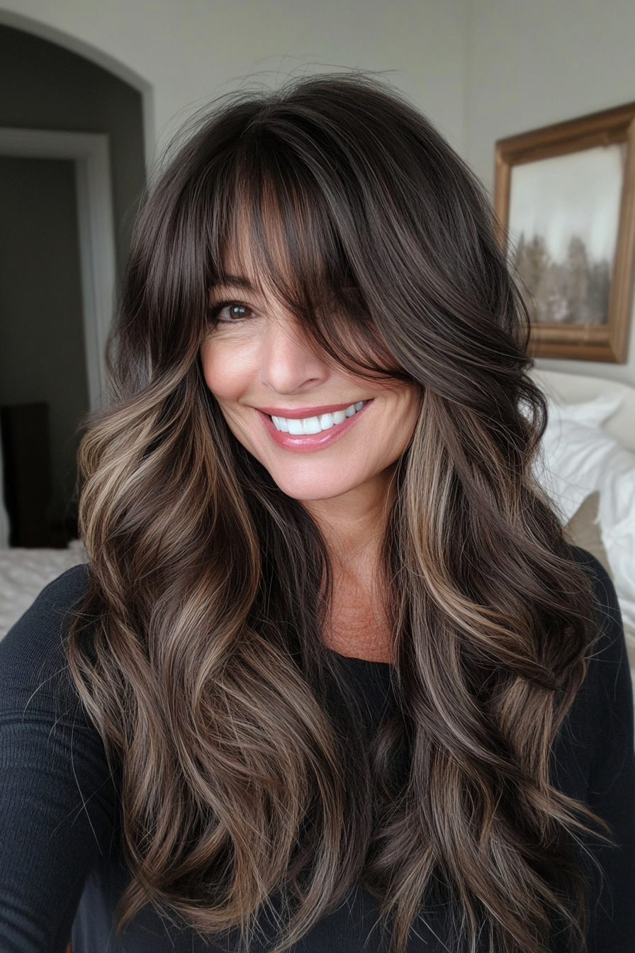 6. Espresso Waves with Curtain Bangs (Long Hairstyles For Women Over 50) - Long Hairstyles For Women Over 50
