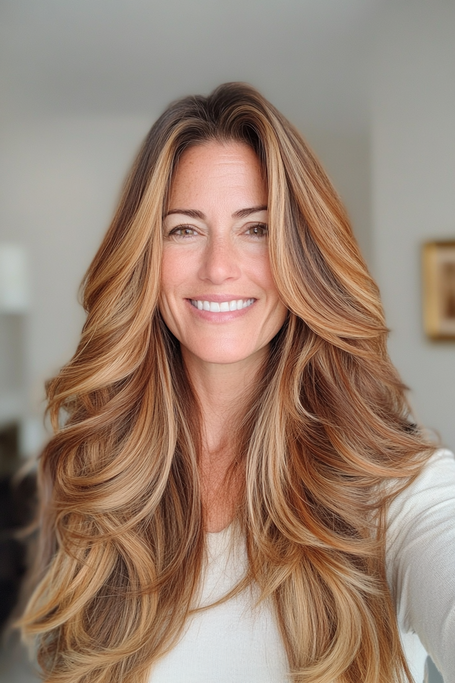 7. Warm Caramel Long Layers (Long Hairstyles For Women Over 50) - Long Hairstyles For Women Over 50