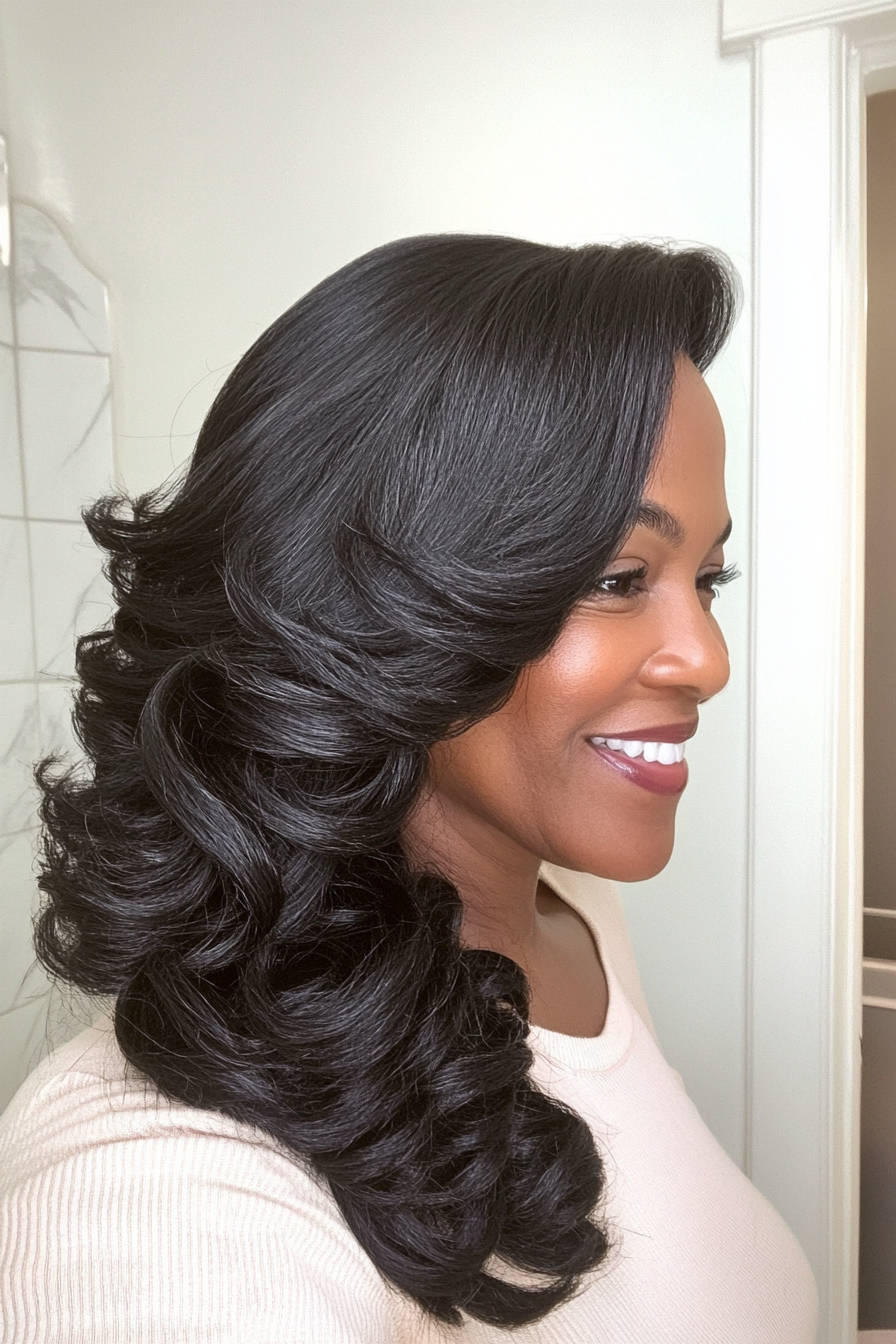8. Natural Black with Soft Curls (Long Hairstyles For Women Over 50) - Long Hairstyles For Women Over 50