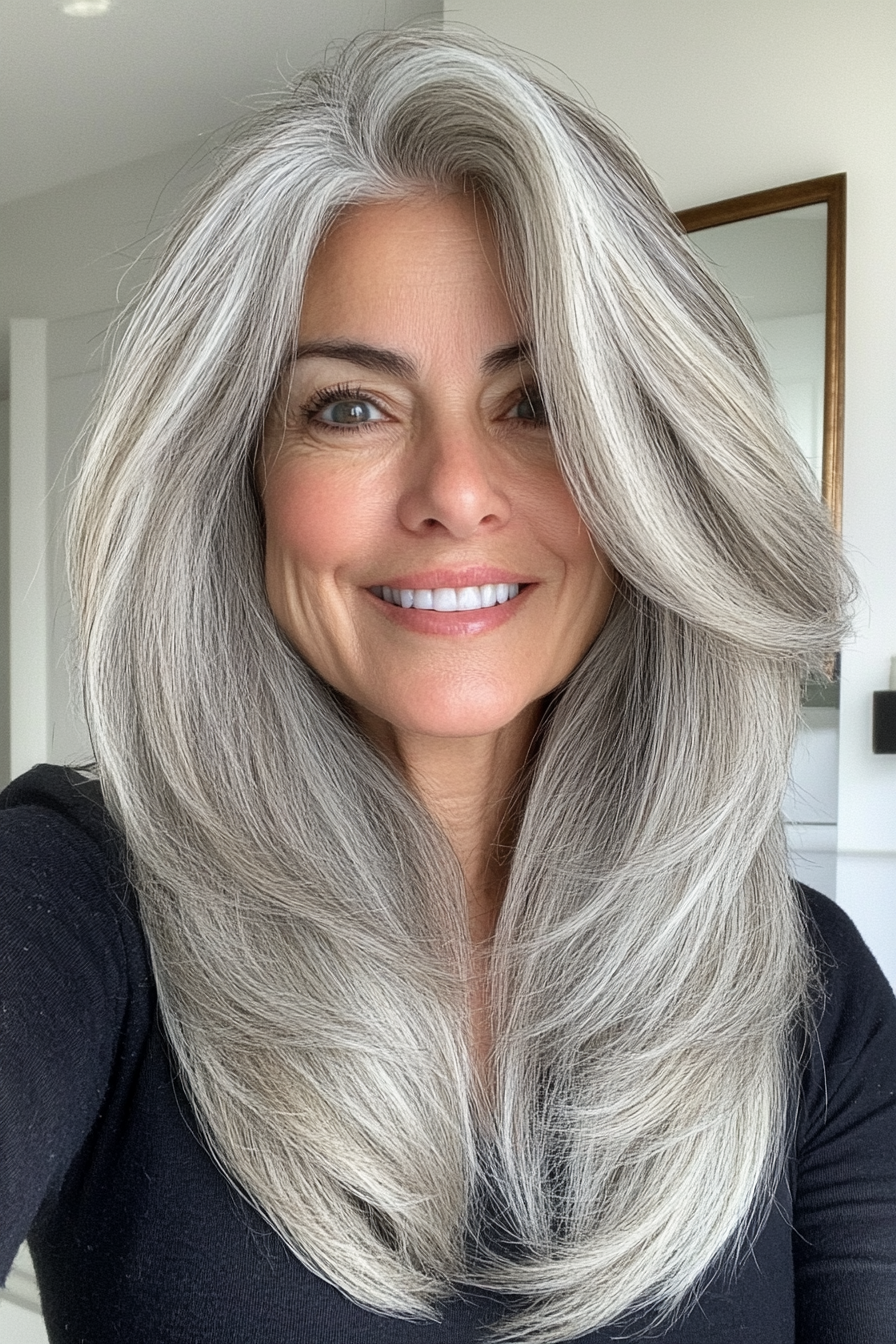 11. Salt-and-Pepper Layered Lob (Long Hairstyles For Women Over 50) - Long Hairstyles For Women Over 50