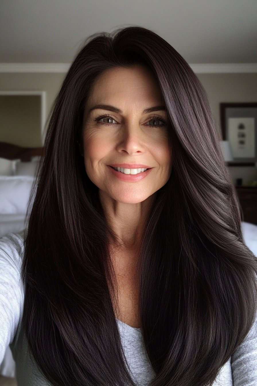 12. Dark Chocolate Sleek Finish (Long Hairstyles For Women Over 50) - Long Hairstyles For Women Over 50