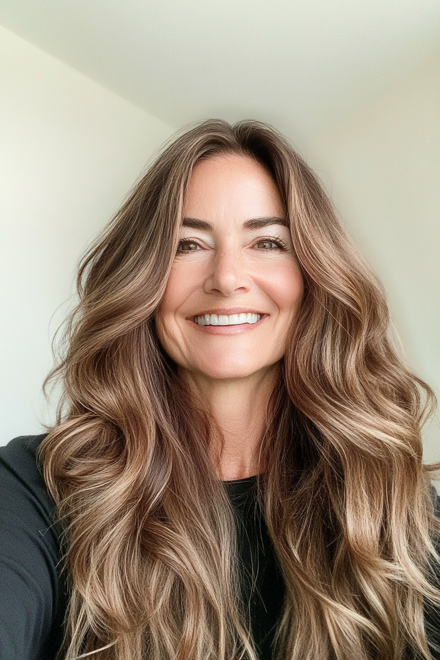 13. Amber Brown Beachy Waves (Long Hairstyles For Women Over 50) - Long Hairstyles For Women Over 50