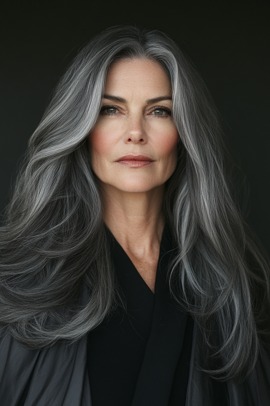 14. Pewter Gray Voluminous Blowout (Long Hairstyles For Women Over 50) - Long Hairstyles For Women Over 50