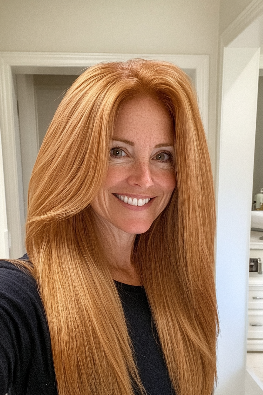 15. Golden Copper Straight Layers (Long Hairstyles For Women Over 50) - Long Hairstyles For Women Over 50