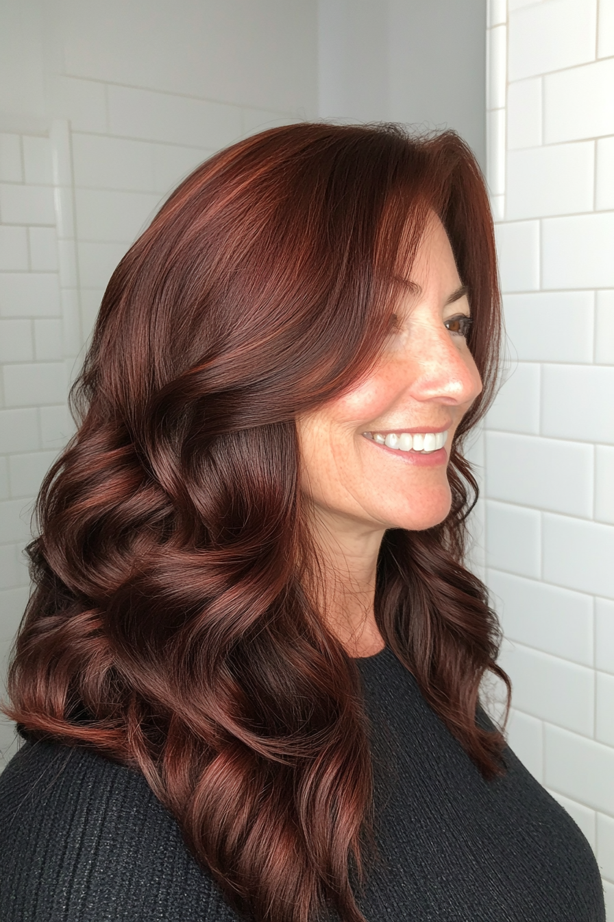 17. Rich Mahogany Waves with Side Part (Long Hairstyles For Women Over 50) - Long Hairstyles For Women Over 50