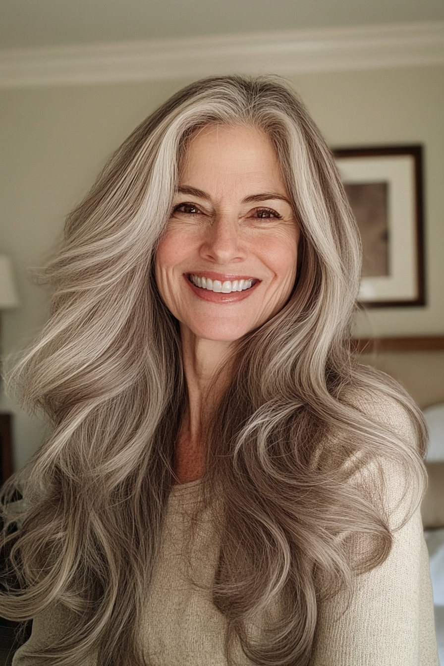 19. Warm Taupe Cascading Layers (Long Hairstyles For Women Over 50) - Long Hairstyles For Women Over 50