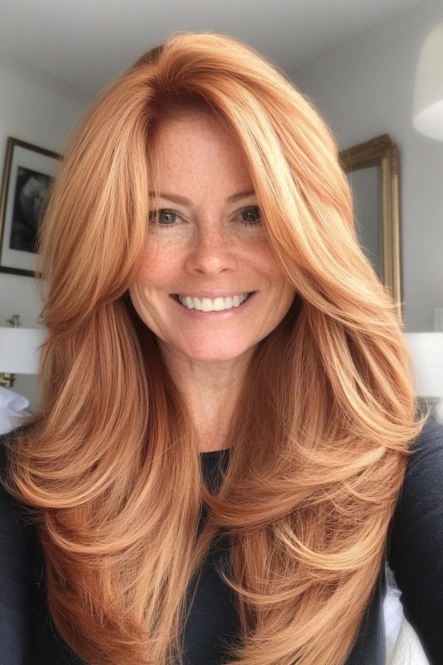 21. Golden Auburn Feathered Layers (Long Hairstyles For Women Over 50) - Long Hairstyles For Women Over 50