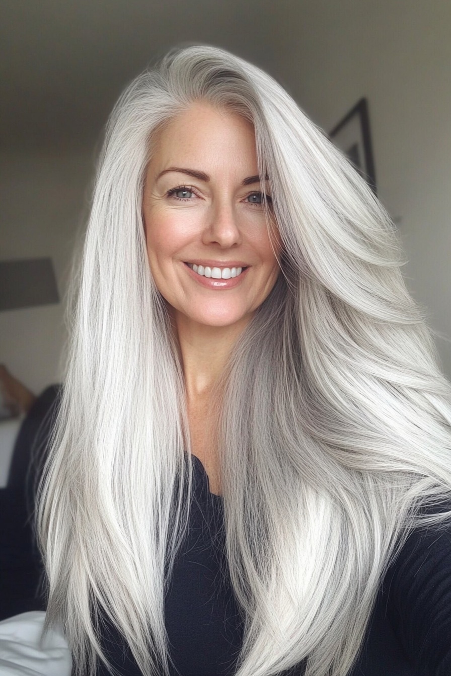 24. Silver Blonde Flowing Layers (Long Hairstyles For Women Over 50) - Long Hairstyles For Women Over 50