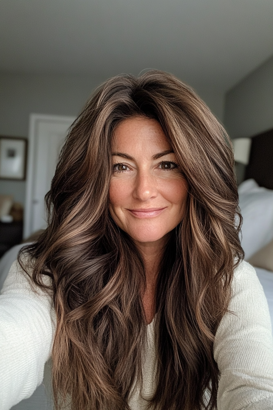 25. Cocoa Brown Long Shag (Long Hairstyles For Women Over 50) - Long Hairstyles For Women Over 50