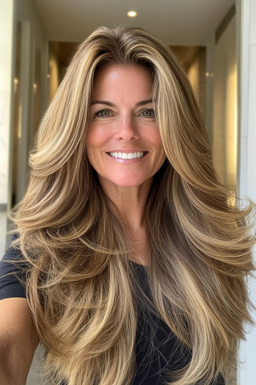 26. Soft Honey Highlights on Brown Base (Long Hairstyles For Women Over 50) - Long Hairstyles For Women Over 50