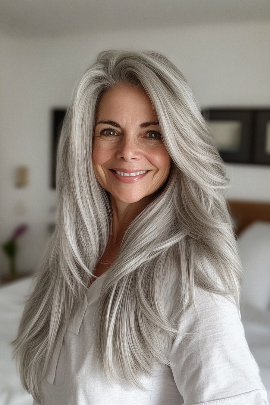 27. Pearl Gray with Soft Layers (Long Hairstyles For Women Over 50) - Long Hairstyles For Women Over 50