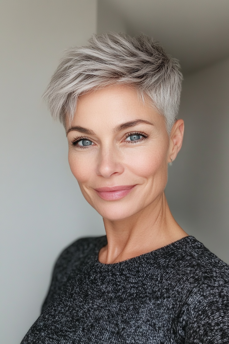7. Choppy Pixie in Salt-and-Pepper (Short Hairstyles For Older Women With Fine Hair) - Short Hairstyles For Older Women With Fine Hair
