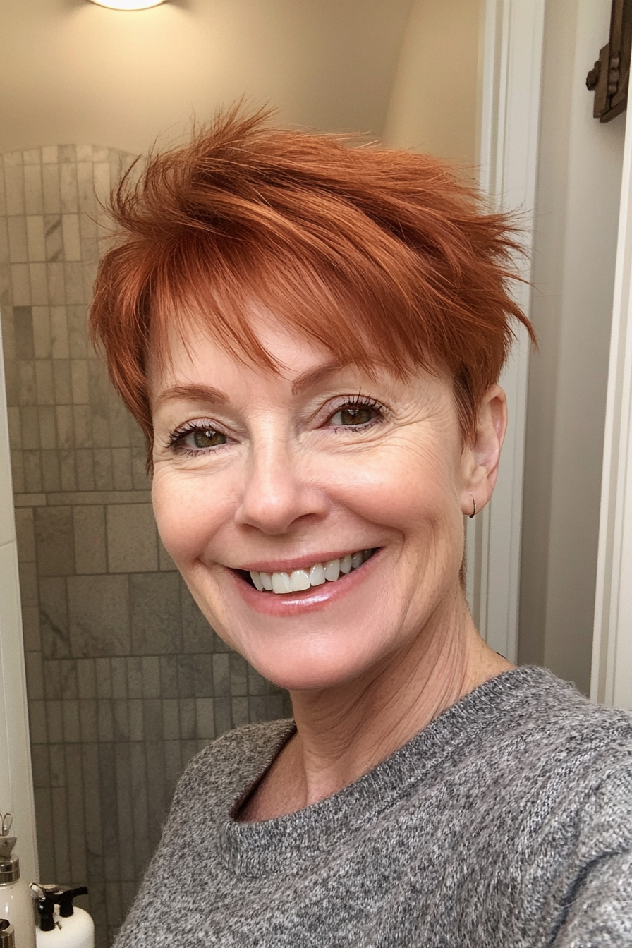10. Short Feathered Cut in Soft Auburn (Short Hairstyles For Older Women With Fine Hair) - Short Hairstyles For Older Women With Fine Hair