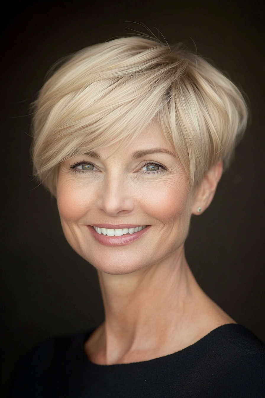 17. Side-Swept Pixie in Warm Beige Blonde (Short Hairstyles For Older Women With Fine Hair) - Short Hairstyles For Older Women With Fine Hair