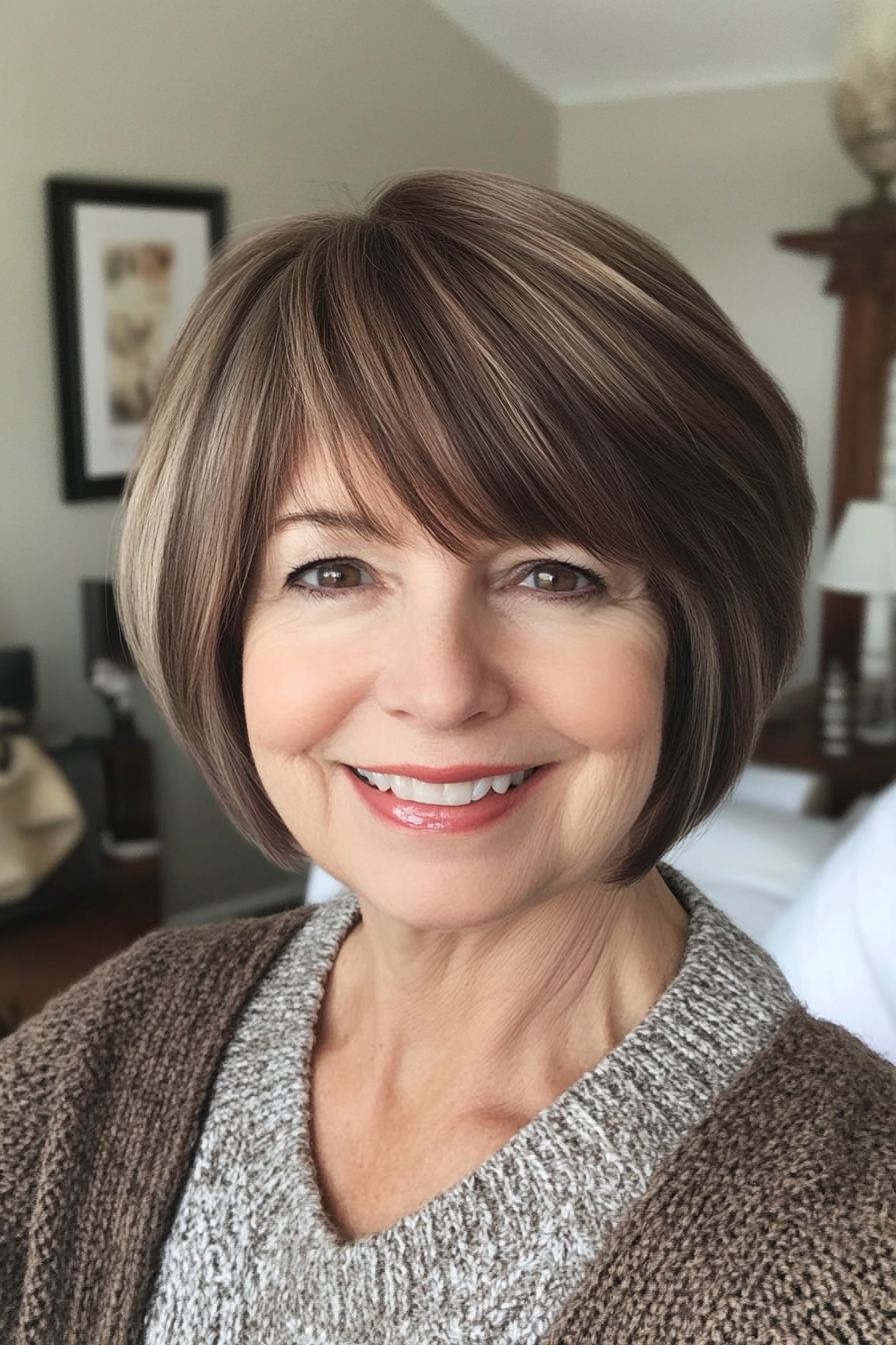 19. Bob with Wispy Bangs in Chocolate Brown (Short Hairstyles For Older Women With Fine Hair) - Short Hairstyles For Older Women With Fine Hair