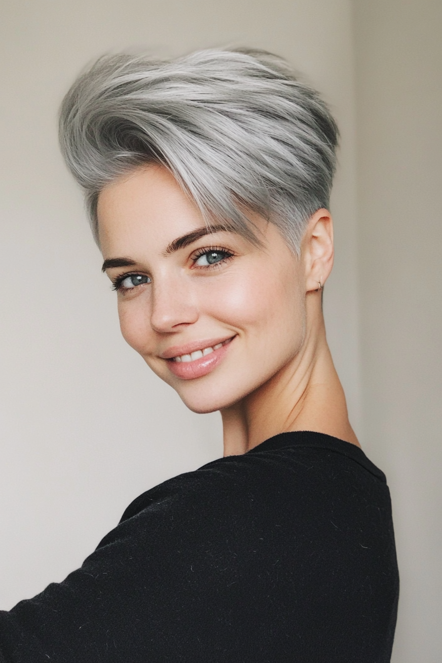 27. Undercut Pixie in Smoky Silver (Short Hairstyles For Older Women With Fine Hair) - Short Hairstyles For Older Women With Fine Hair