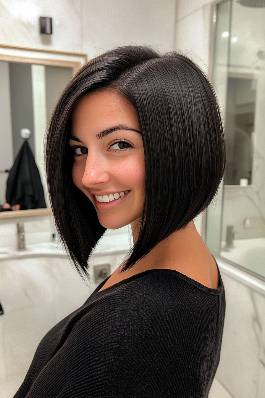 7. Soft Black Asymmetrical Bob (Inverted Bob Haircuts For Fine Hair) - Inverted Bob Haircuts For Fine Hair