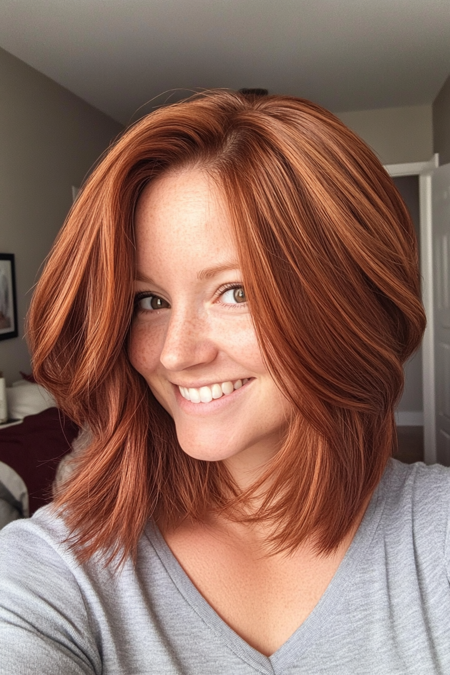 8. Warm Auburn Feathered Bob (Inverted Bob Haircuts For Fine Hair) - Inverted Bob Haircuts For Fine Hair