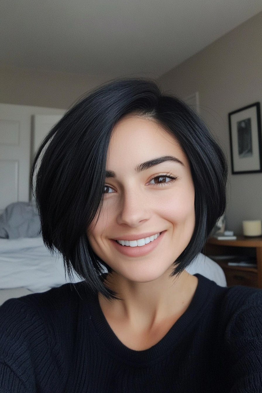22. Natural Black Layered Pixie-Bob (Inverted Bob Haircuts For Fine Hair) - Inverted Bob Haircuts For Fine Hair