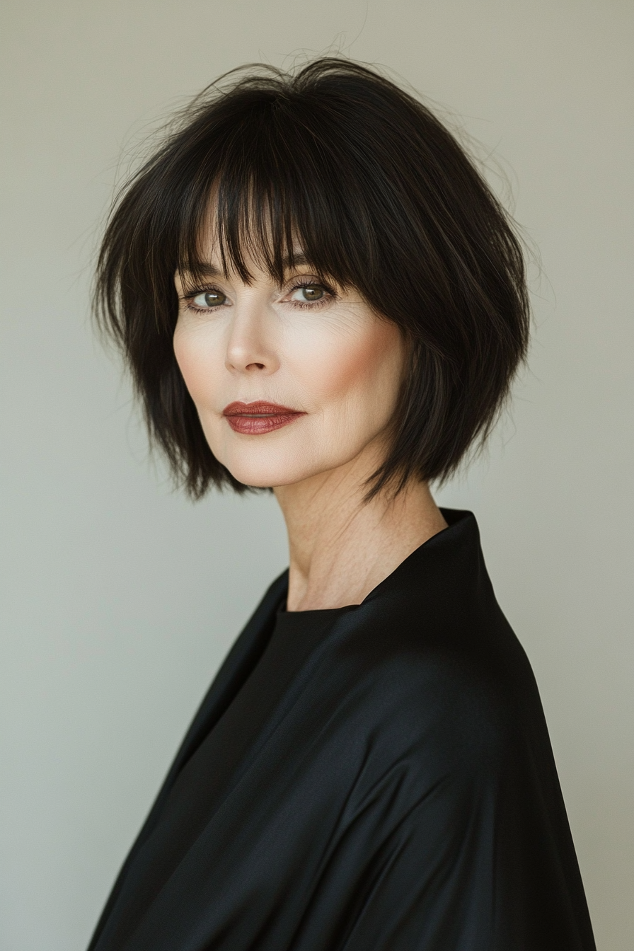 7. Sleek Dark Brown Bob with Blunt Bangs (Short Hairstyles For Women Over 50) - Short Hairstyles For Women Over 50