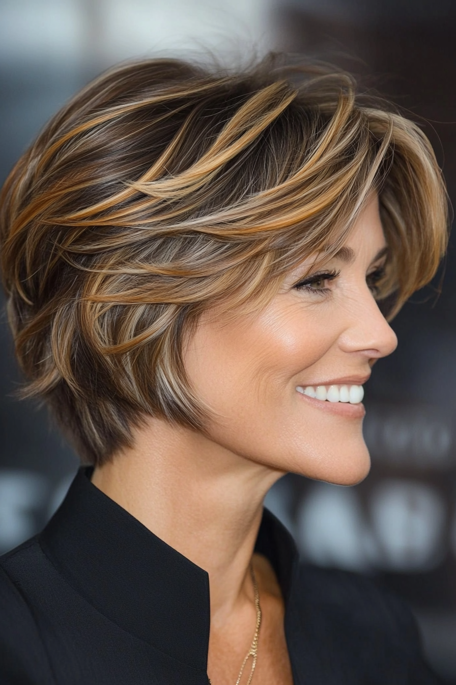 8. Feathered Caramel Highlights on Short Layers (Short Hairstyles For Women Over 50) - Short Hairstyles For Women Over 50