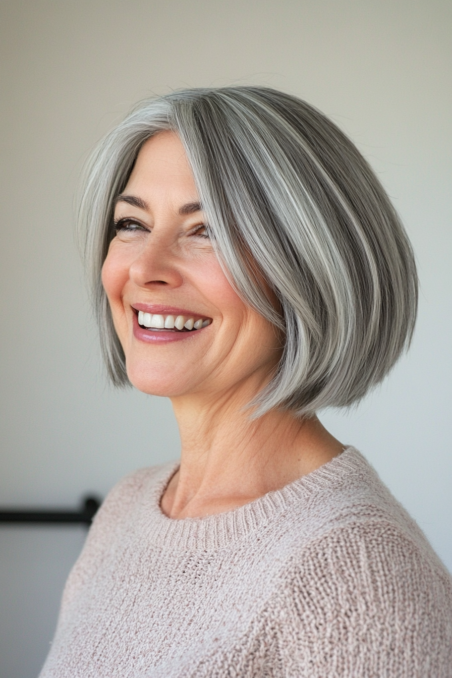 10. Natural Gray Layered Bob (Short Hairstyles For Women Over 50) - Short Hairstyles For Women Over 50
