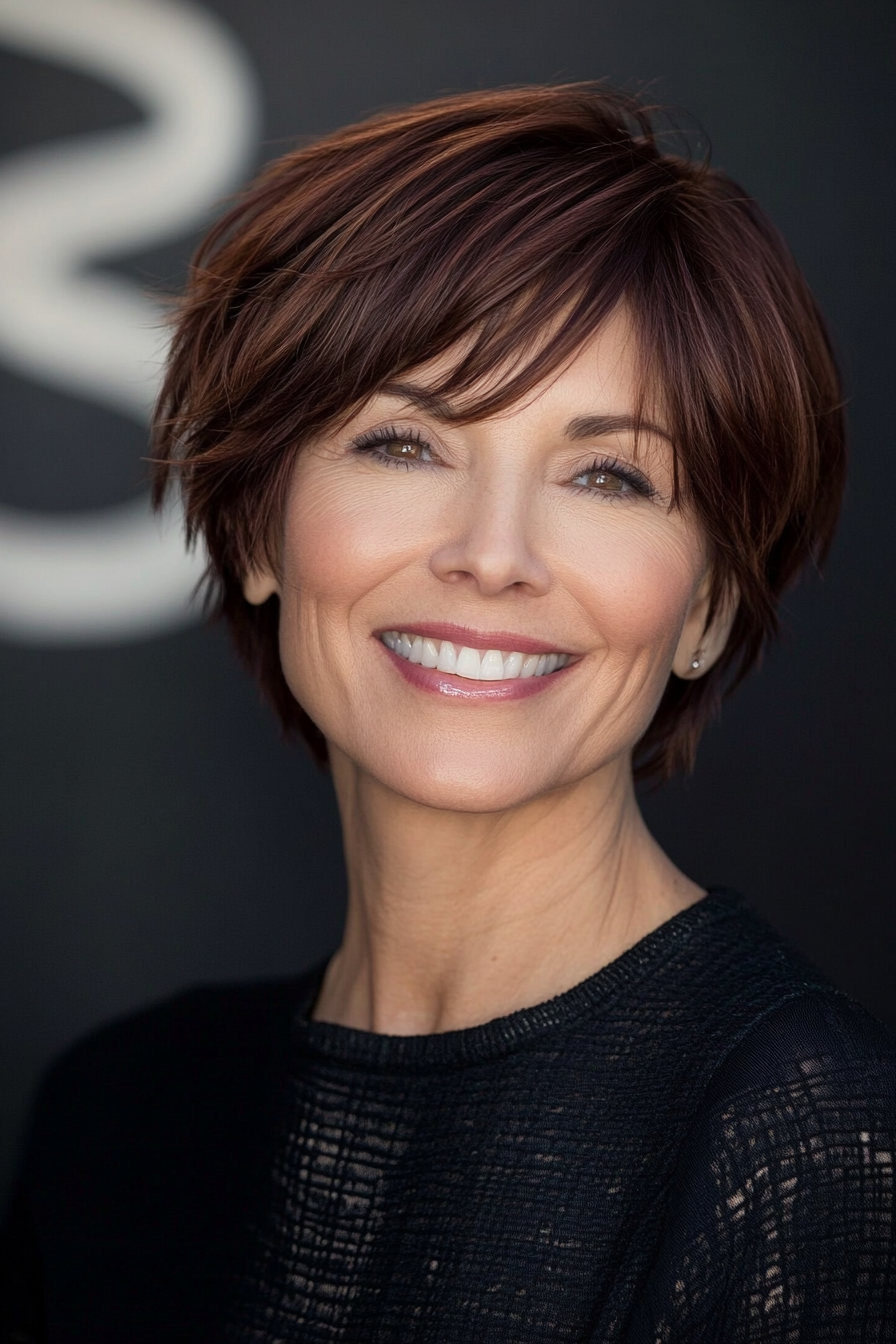12. Layered Mahogany Pixie with Side-Swept Bangs (Short Hairstyles For Women Over 50) - Short Hairstyles For Women Over 50