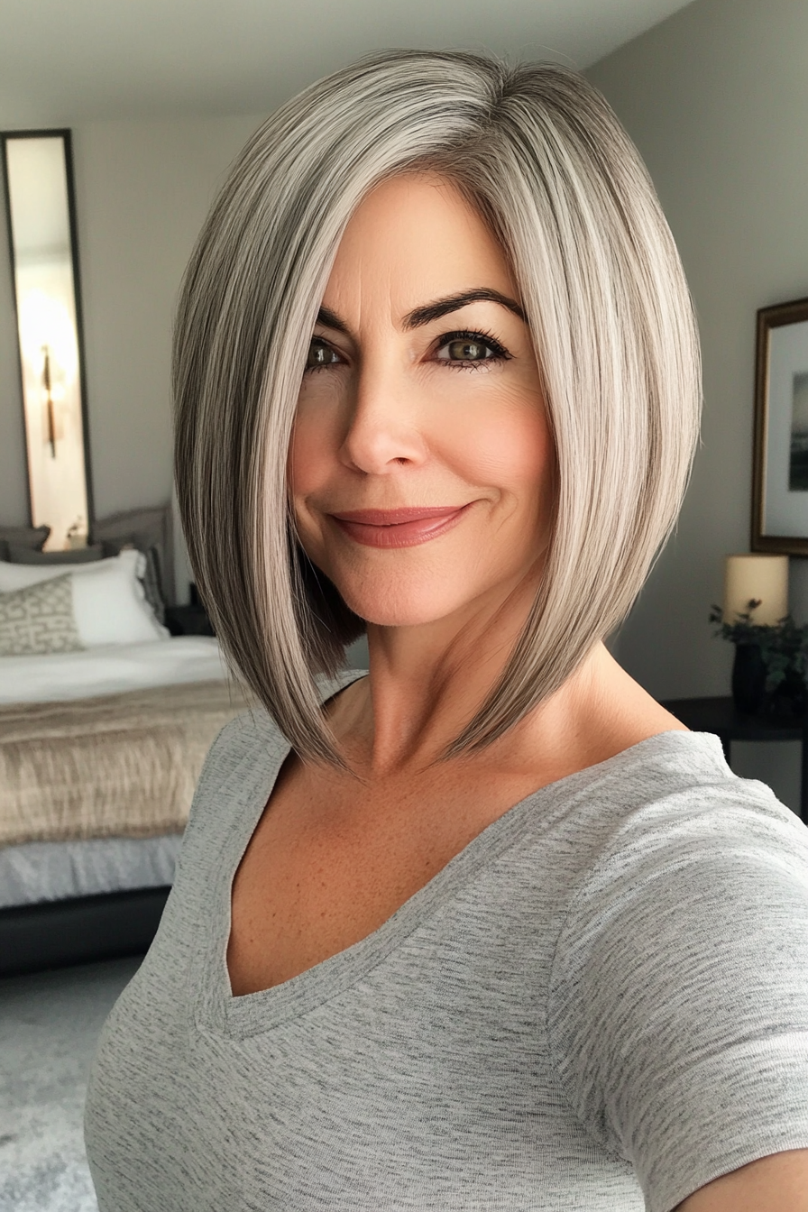 18. Ash Gray Bob with Long Bangs (Short Hairstyles For Women Over 50) - Short Hairstyles For Women Over 50