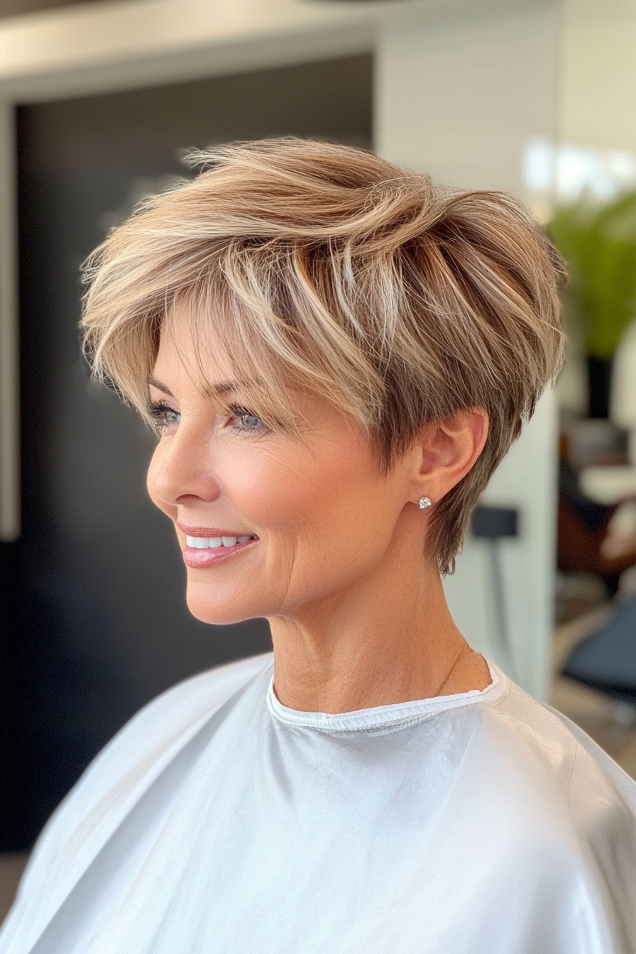 19. Textured Pixie with Honey Blonde Highlights (Short Hairstyles For Women Over 50) - Short Hairstyles For Women Over 50
