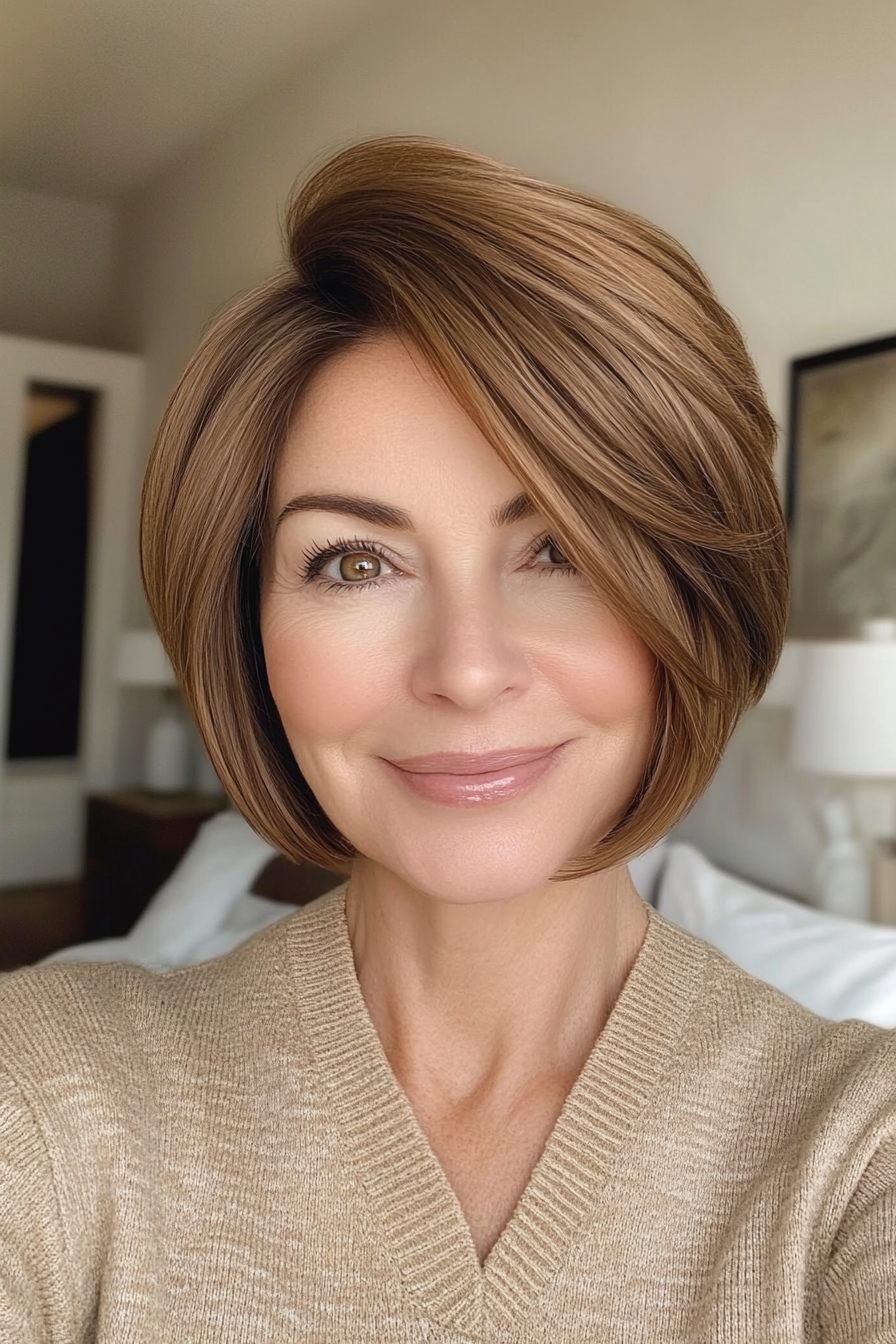 24. Golden Brown Bob with Subtle Layers (Short Hairstyles For Women Over 50) - Short Hairstyles For Women Over 50