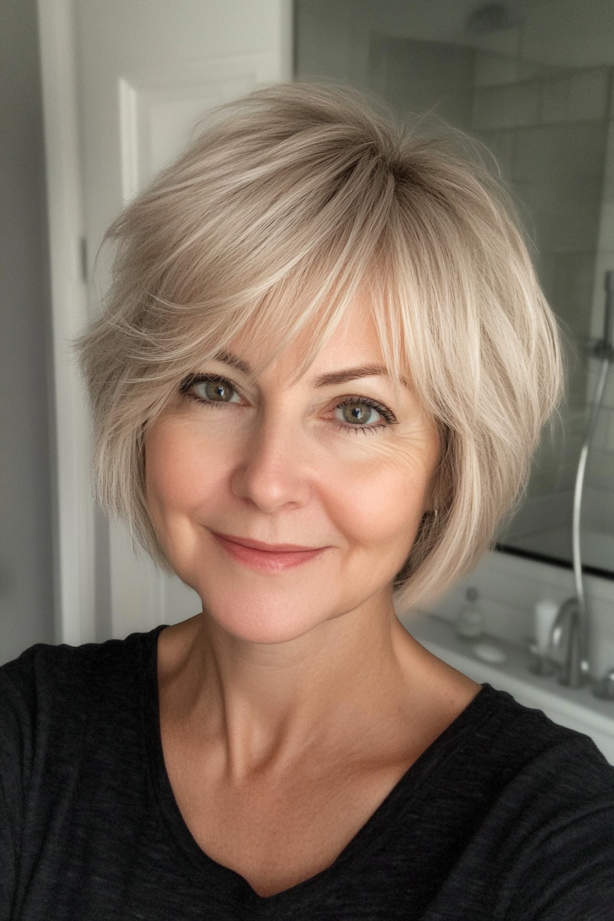 25. Ash Blonde Shag with Curtain Bangs (Short Hairstyles For Women Over 50) - Short Hairstyles For Women Over 50