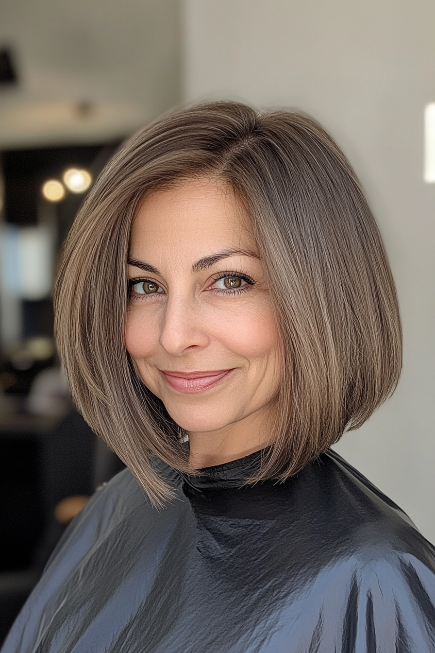 1. The Timeless Layered Bob in Ash Brown (Medium Length Hairstyles For Women Over 60) - Medium Length Hairstyles For Women Over 60