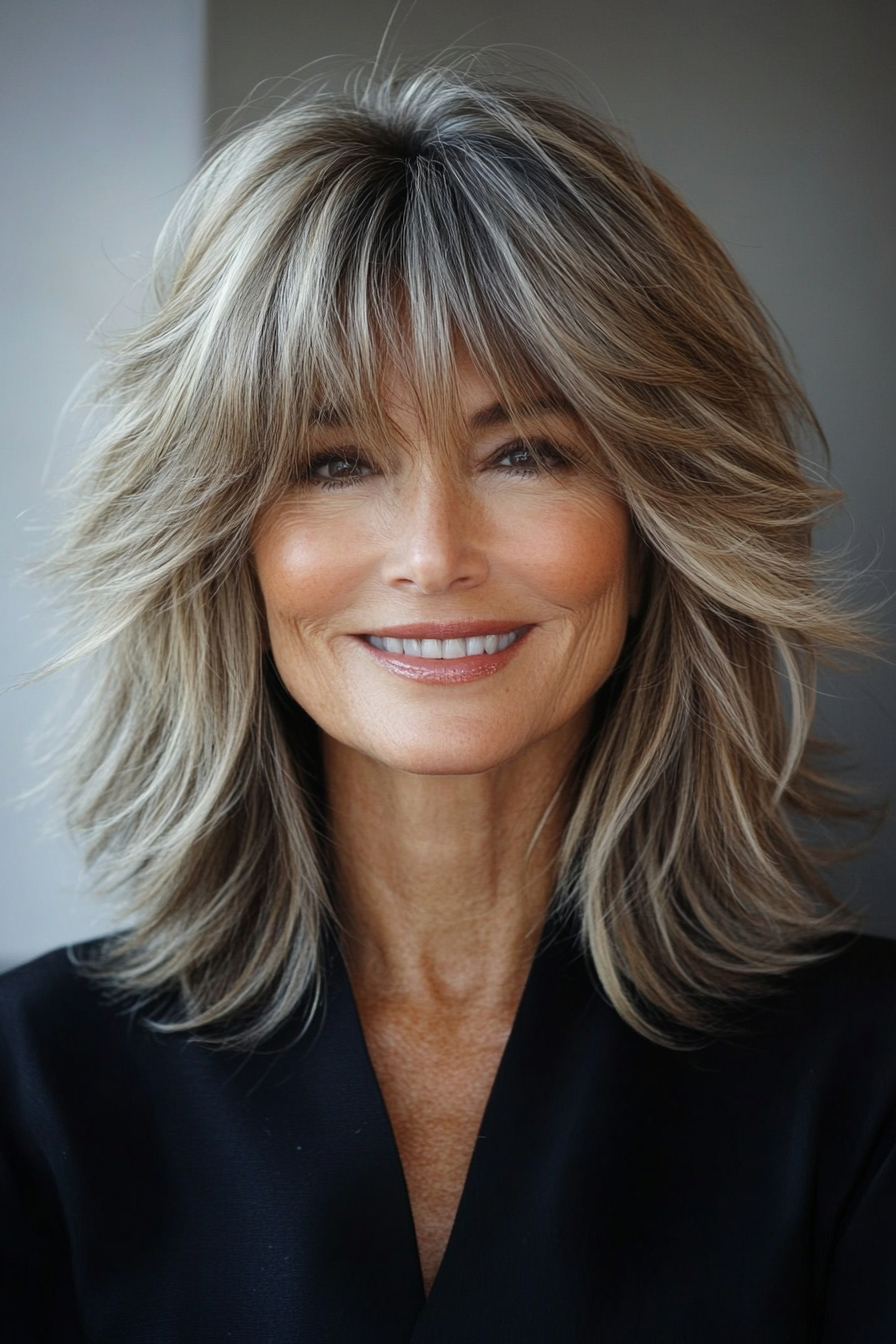 2. Soft Shag with Feathered Bangs in Dark Blonde (Medium Length Hairstyles For Women Over 60) - Medium Length Hairstyles For Women Over 60