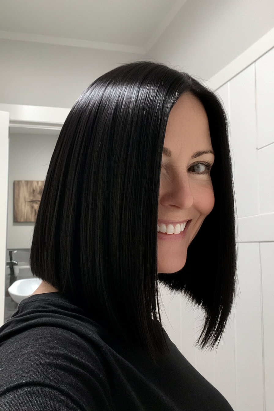 4. Straight-Cut Lob in Jet Black (Medium Length Hairstyles For Women Over 60) - Medium Length Hairstyles For Women Over 60