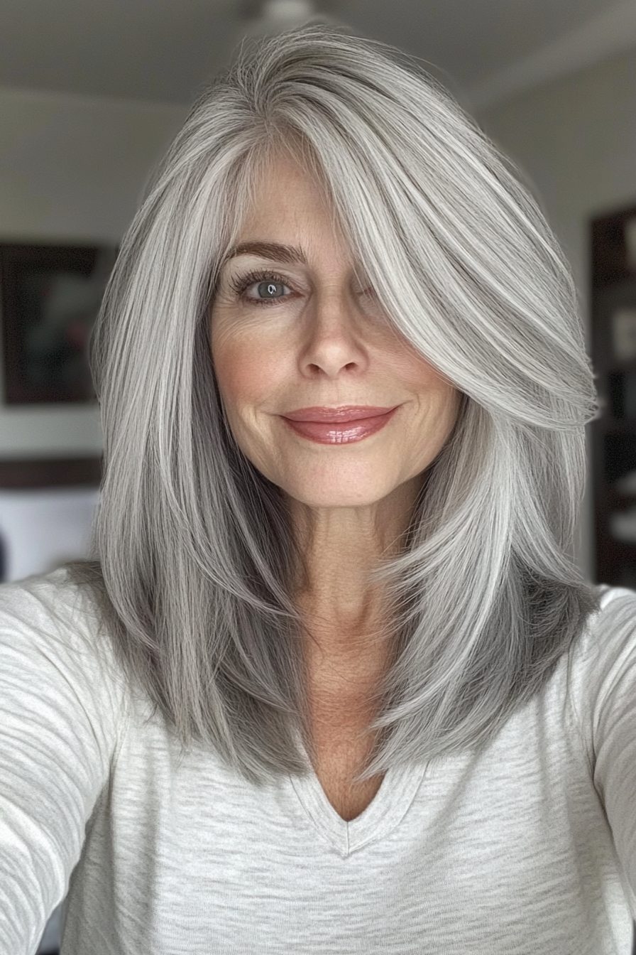 5. Curtain Bangs with Subtle Layers in Silver Gray (Medium Length Hairstyles For Women Over 60) - Medium Length Hairstyles For Women Over 60