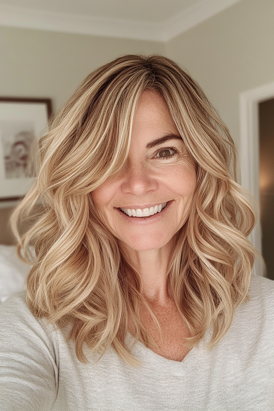 6. Wavy Midi Cut in Honey Blonde (Medium Length Hairstyles For Women Over 60) - Medium Length Hairstyles For Women Over 60