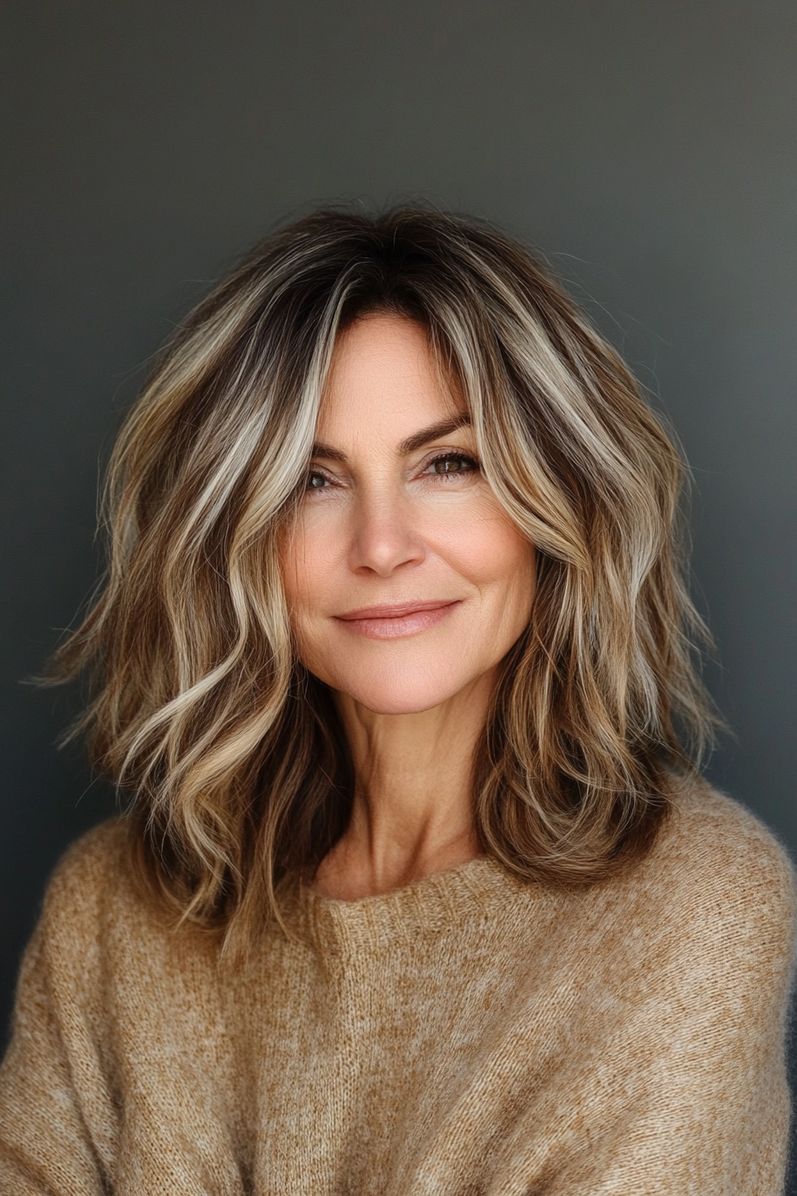 7. Textured Midi Cut in Warm Caramel Brown (Medium Length Hairstyles For Women Over 60) - Medium Length Hairstyles For Women Over 60