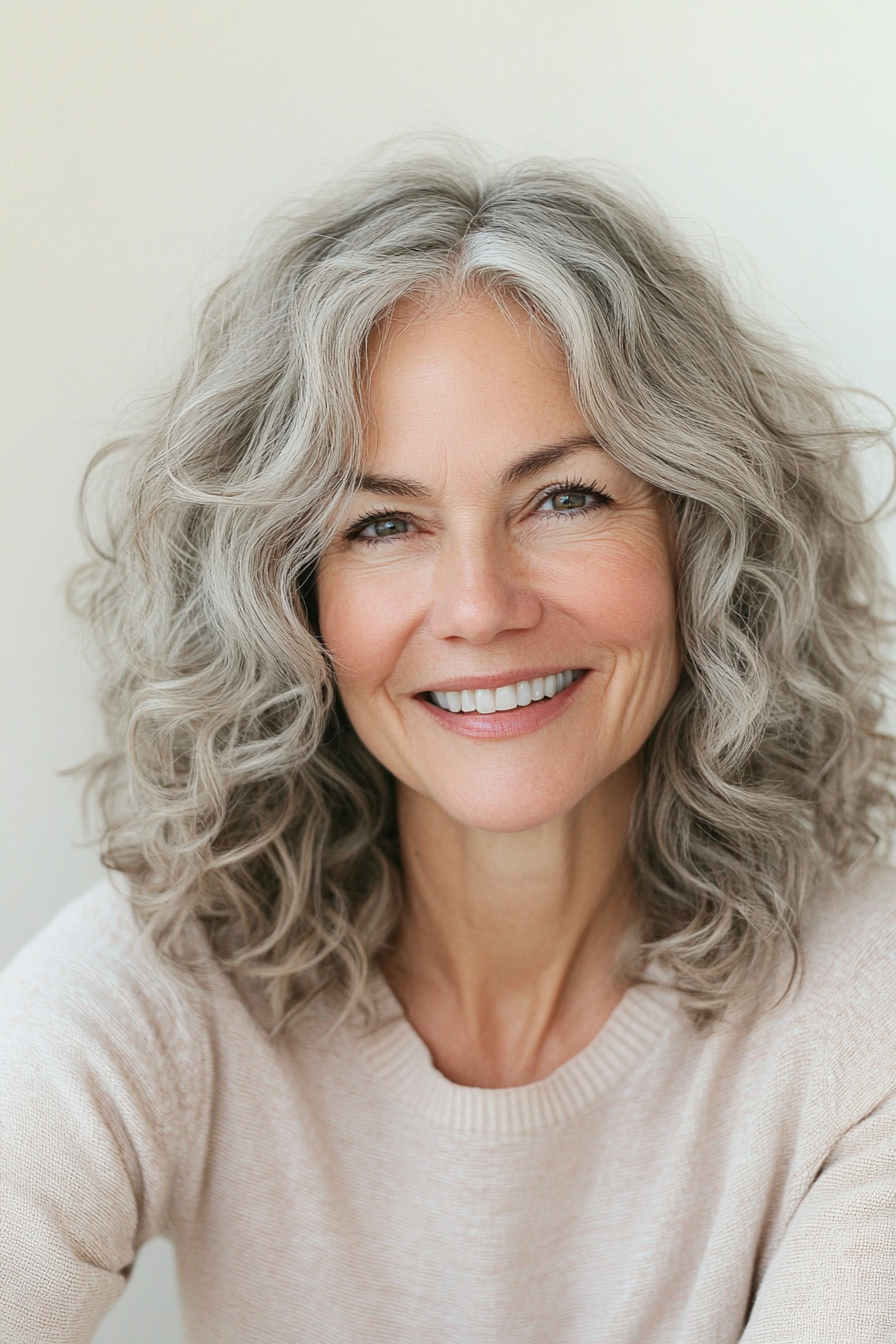 9. Soft Curls with Angled Layers in Salt-and-Pepper (Medium Length Hairstyles For Women Over 60) - Medium Length Hairstyles For Women Over 60
