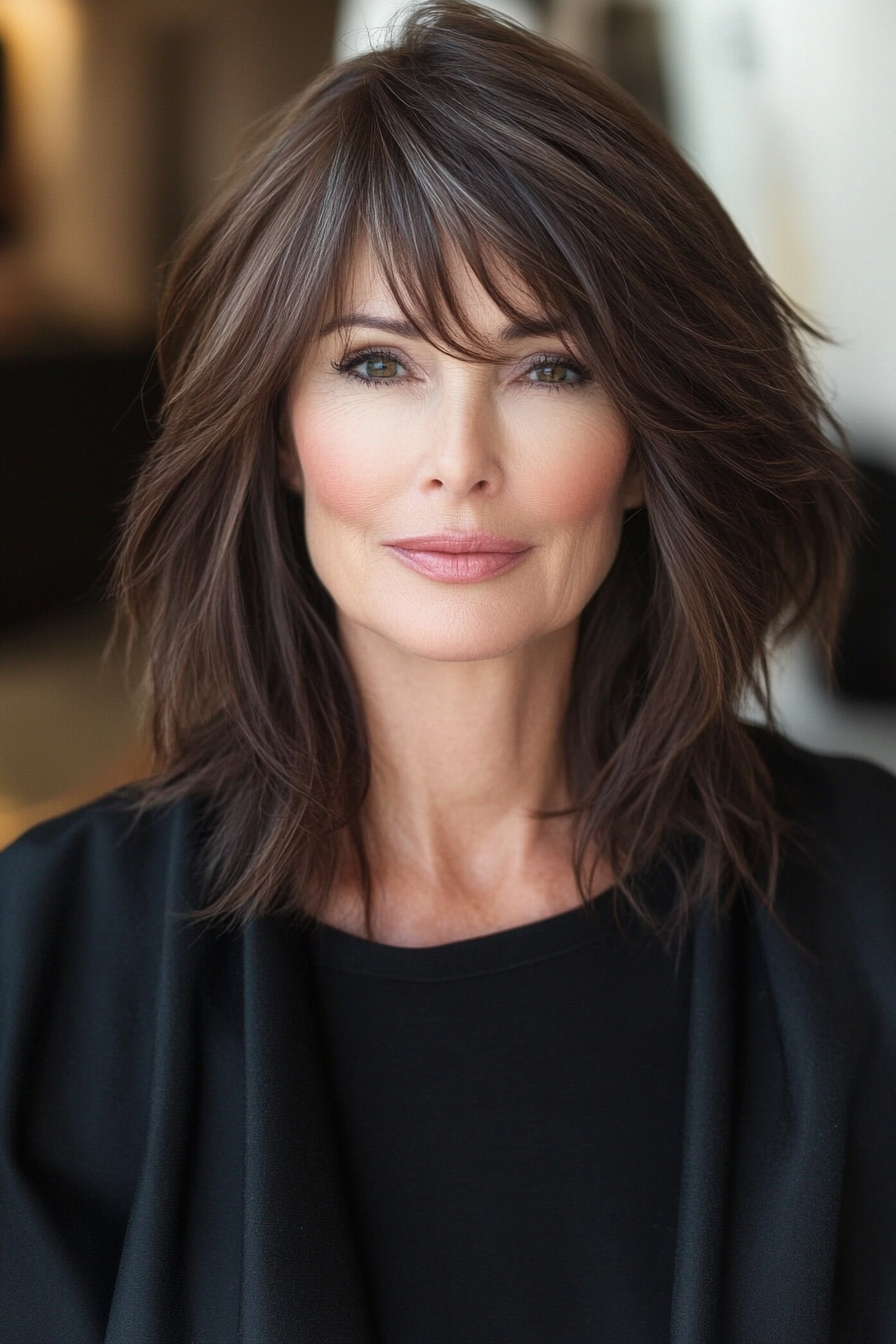 10. Layered Midi with Side Bangs in Chocolate Brown (Medium Length Hairstyles For Women Over 60) - Medium Length Hairstyles For Women Over 60
