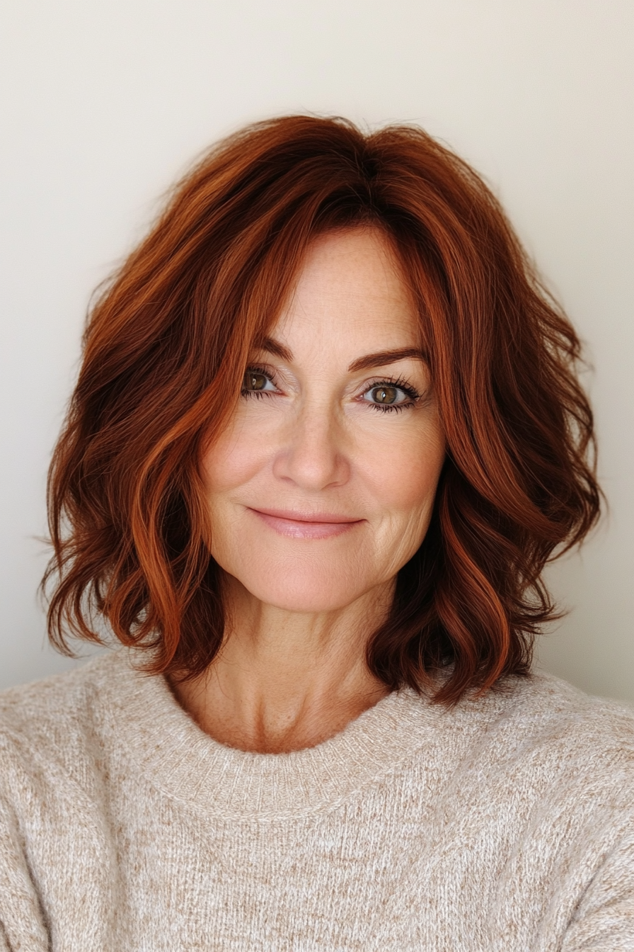 11. Tousled Bob in Dark Auburn (Medium Length Hairstyles For Women Over 60) - Medium Length Hairstyles For Women Over 60