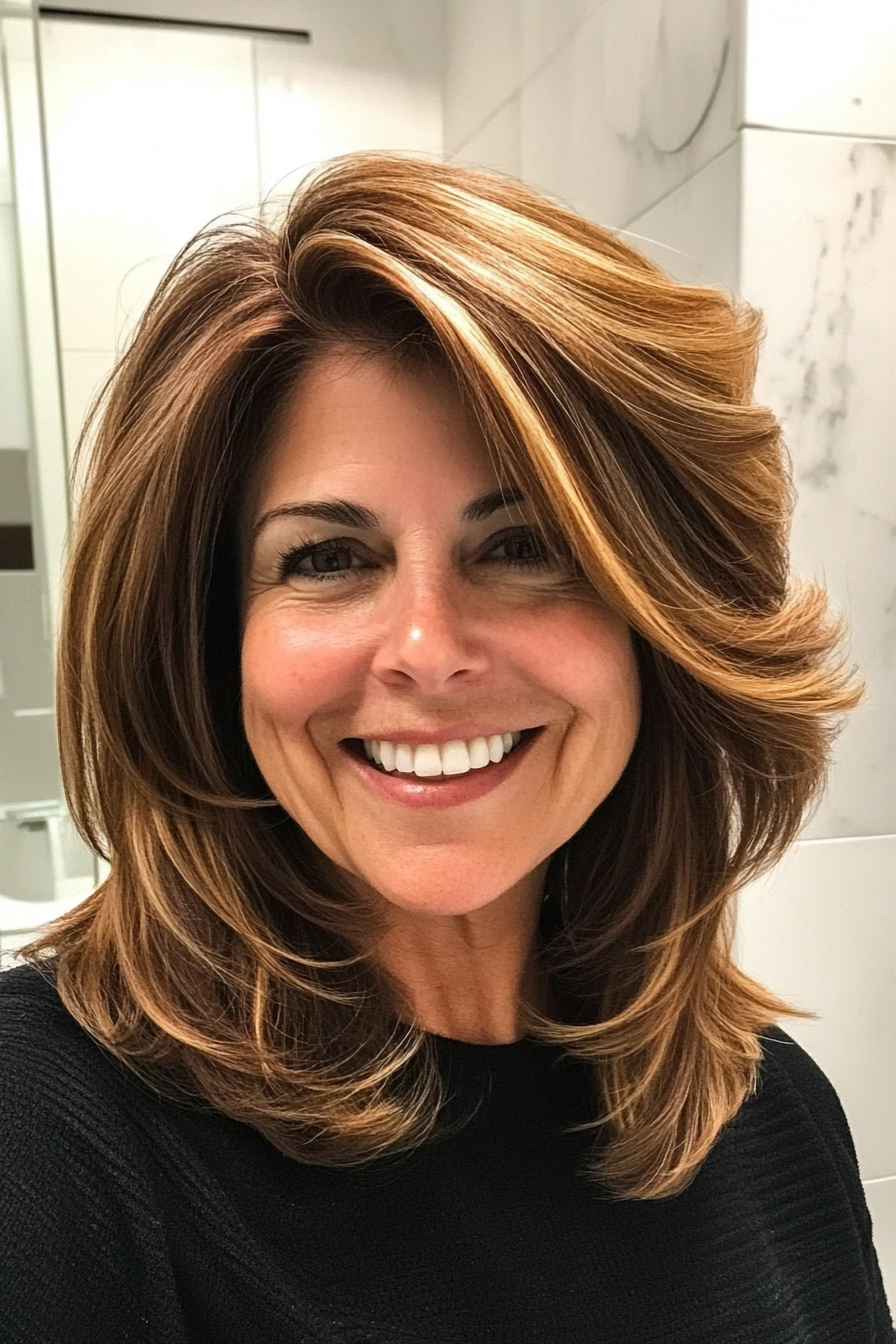 15. Graduated Layers in Golden Brown (Medium Length Hairstyles For Women Over 60) - Medium Length Hairstyles For Women Over 60