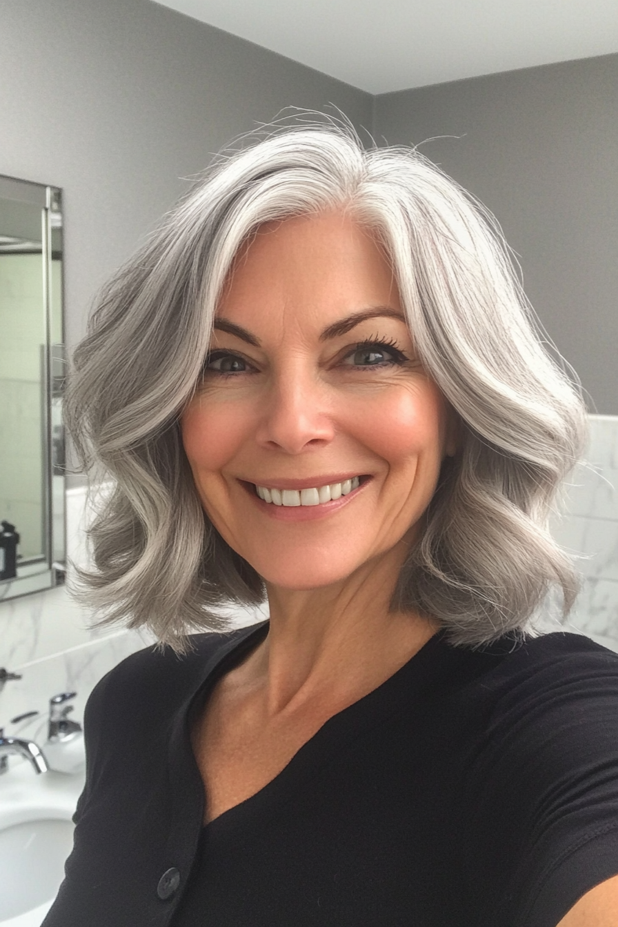 16. Curved Lob in Natural Gray (Medium Length Hairstyles For Women Over 60) - Medium Length Hairstyles For Women Over 60