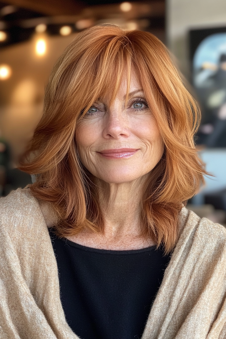 17. Fringed Midi Cut in Soft Copper (Medium Length Hairstyles For Women Over 60) - Medium Length Hairstyles For Women Over 60